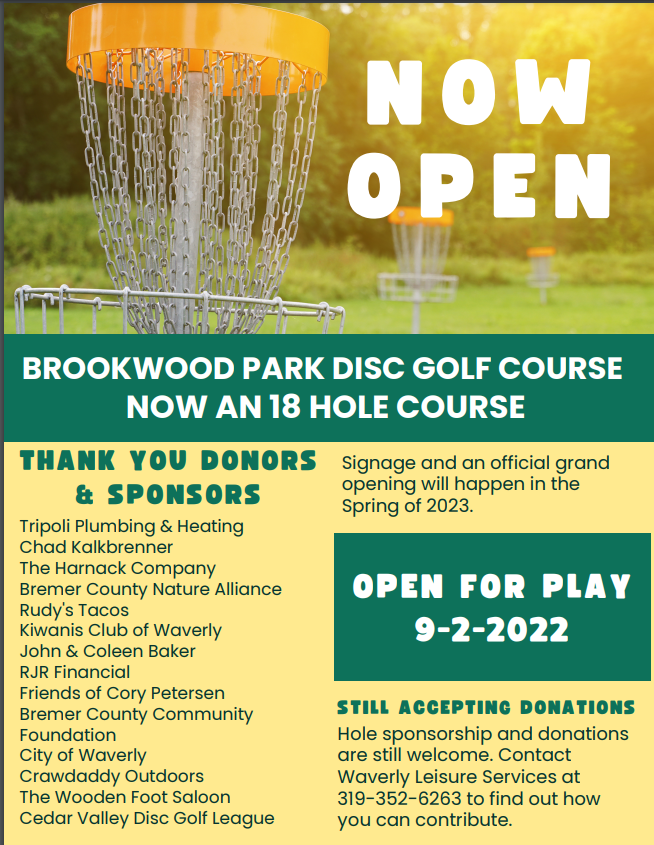 Brookwood Park Disc Golf Course Expansion to Open Friday, September 2nd